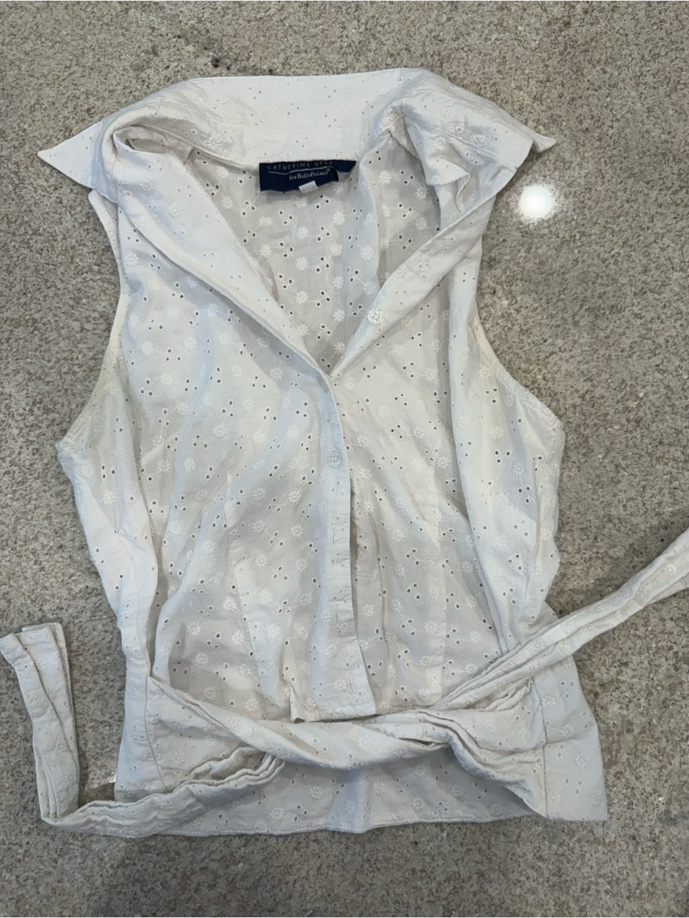 Catherine Malandrino White Eyelet Sleeveless Tie-Waist Blouse